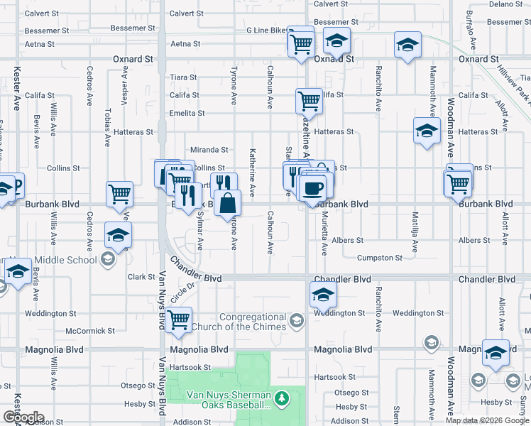 map of restaurants, bars, coffee shops, grocery stores, and more near 5496 Katherine Avenue in Los Angeles