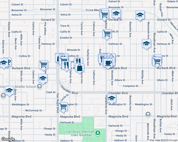 map of restaurants, bars, coffee shops, grocery stores, and more near 5496 Katherine Avenue in Los Angeles