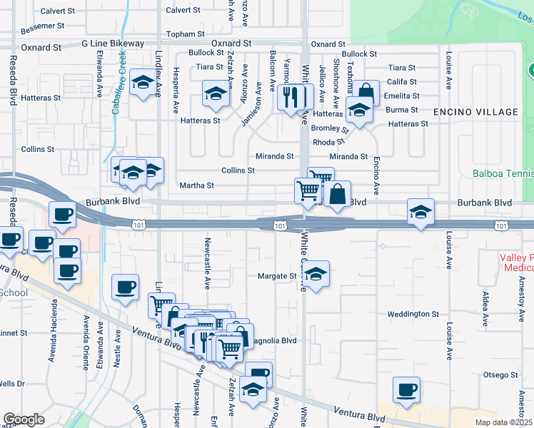 map of restaurants, bars, coffee shops, grocery stores, and more near 5547 Yarmouth Avenue in Los Angeles