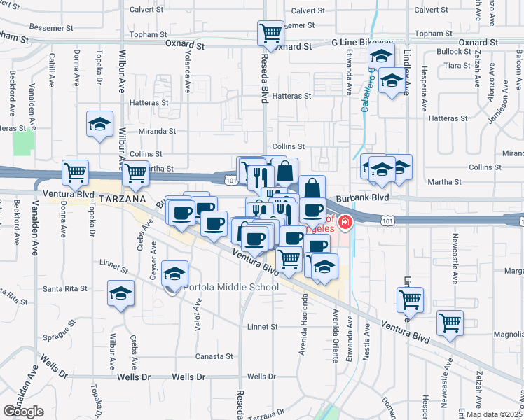 map of restaurants, bars, coffee shops, grocery stores, and more near 5557e Reseda Boulevard in Los Angeles