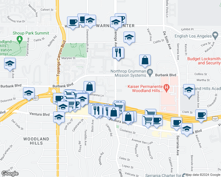 map of restaurants, bars, coffee shops, grocery stores, and more near 5535 Canoga Avenue in Los Angeles