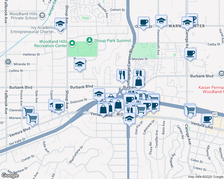 map of restaurants, bars, coffee shops, grocery stores, and more near 22100 Burbank Boulevard in Los Angeles