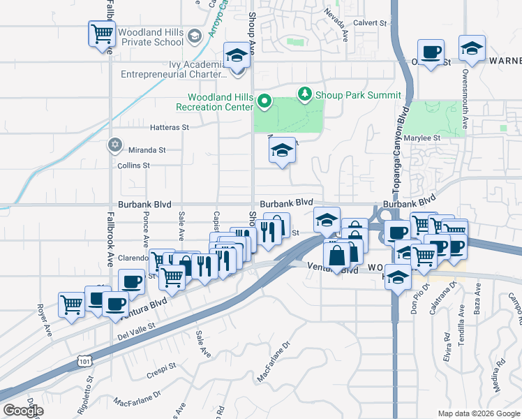 map of restaurants, bars, coffee shops, grocery stores, and more near 22346 Burbank Boulevard in Los Angeles