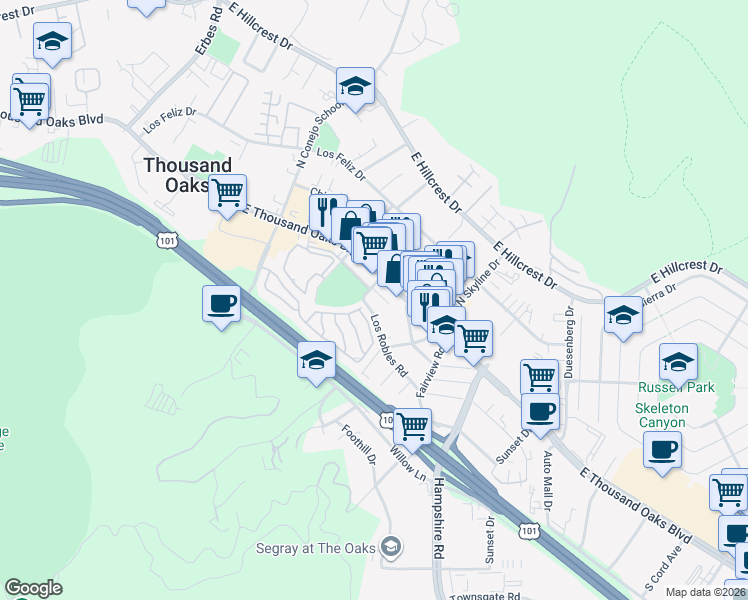 map of restaurants, bars, coffee shops, grocery stores, and more near 2699 Los Robles Road in Thousand Oaks