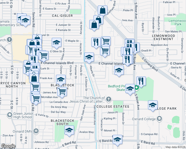 map of restaurants, bars, coffee shops, grocery stores, and more near 3033 Albany Drive in Oxnard