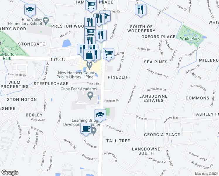 map of restaurants, bars, coffee shops, grocery stores, and more near 101 Oakcliff Dr in Wilmington