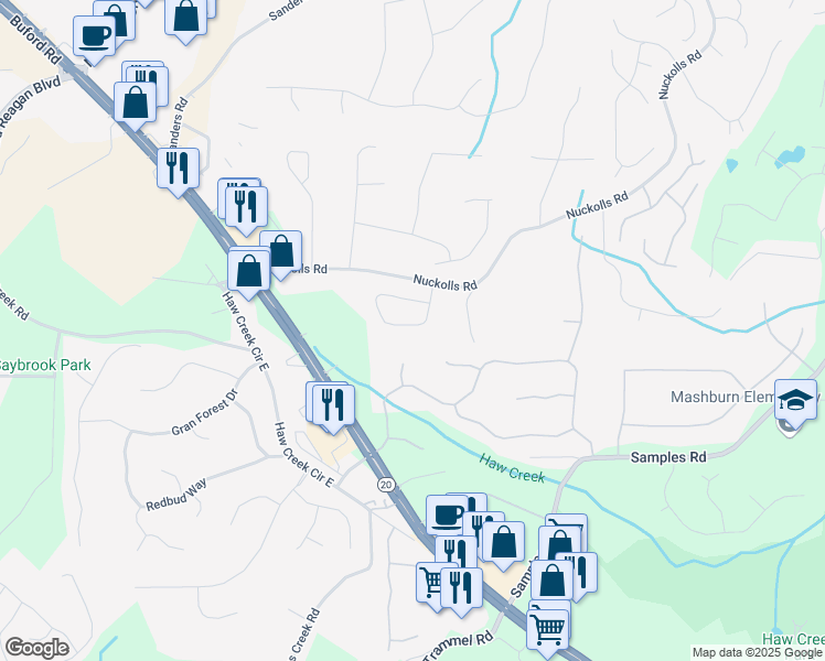 map of restaurants, bars, coffee shops, grocery stores, and more near 2595 Grapevine Circle in Cumming