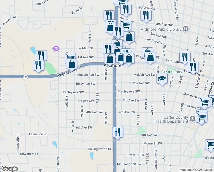 map of restaurants, bars, coffee shops, grocery stores, and more near 1224 Bixby Avenue Southwest in Ardmore