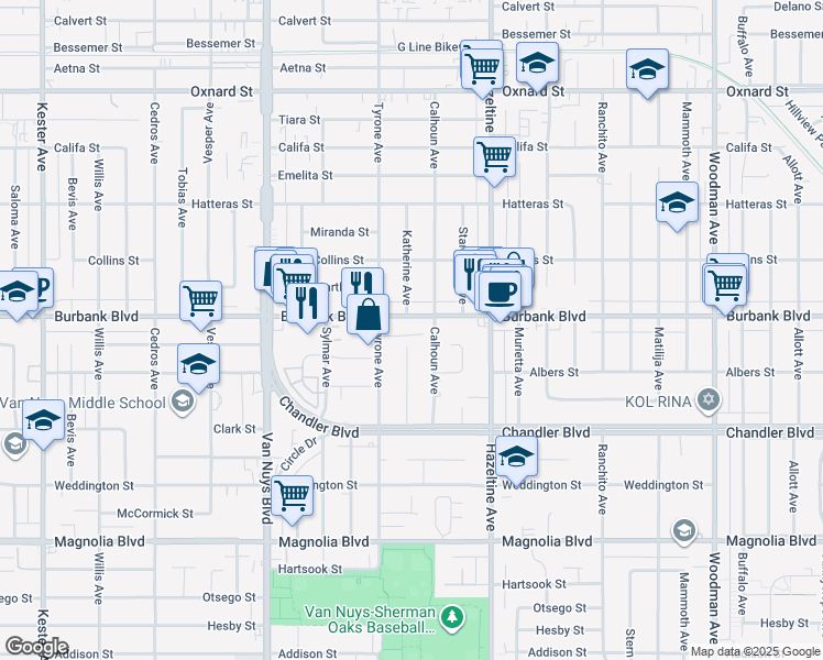 map of restaurants, bars, coffee shops, grocery stores, and more near 5496 Katherine Avenue in Los Angeles