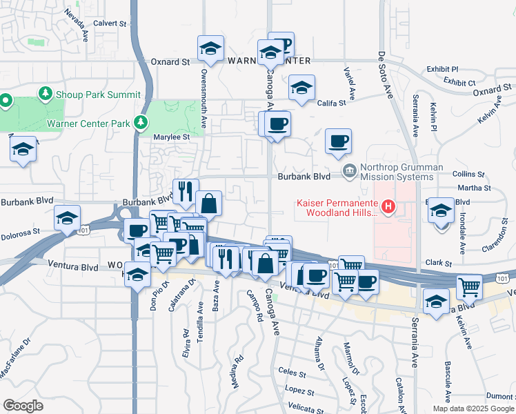 map of restaurants, bars, coffee shops, grocery stores, and more near 5545 Canoga Avenue in Los Angeles