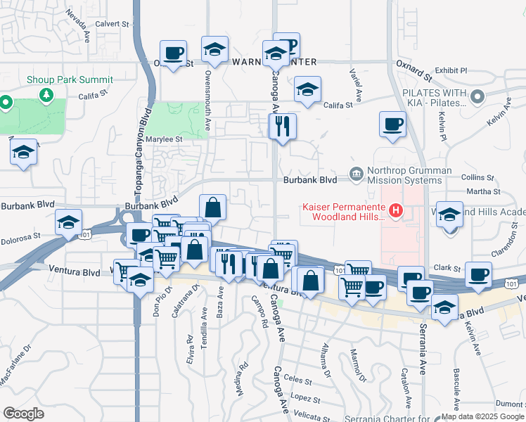 map of restaurants, bars, coffee shops, grocery stores, and more near 5545 Canoga Avenue in Los Angeles
