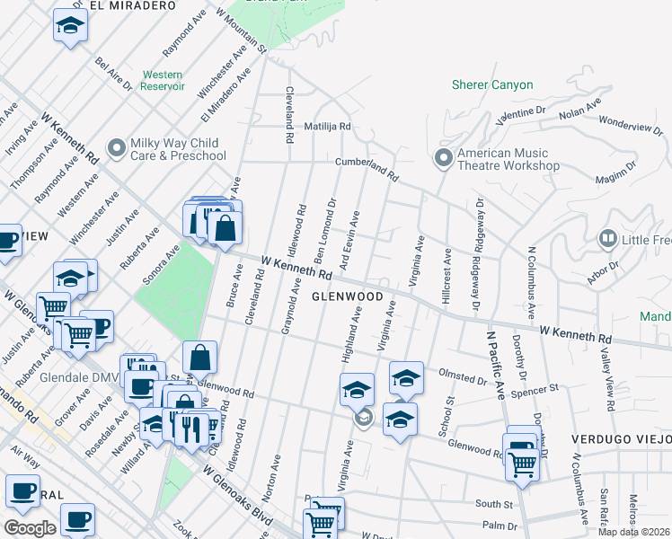 map of restaurants, bars, coffee shops, grocery stores, and more near 831 West Kenneth Road in Glendale