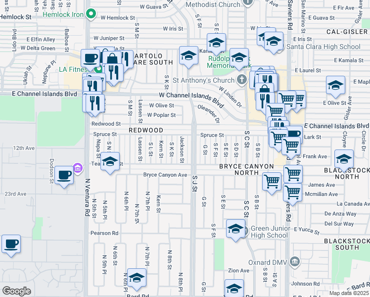map of restaurants, bars, coffee shops, grocery stores, and more near 3050 Jackson Street in Oxnard