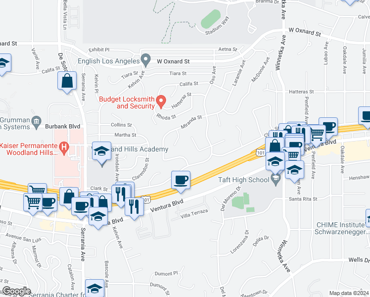 map of restaurants, bars, coffee shops, grocery stores, and more near 5526 Mason Avenue in Los Angeles