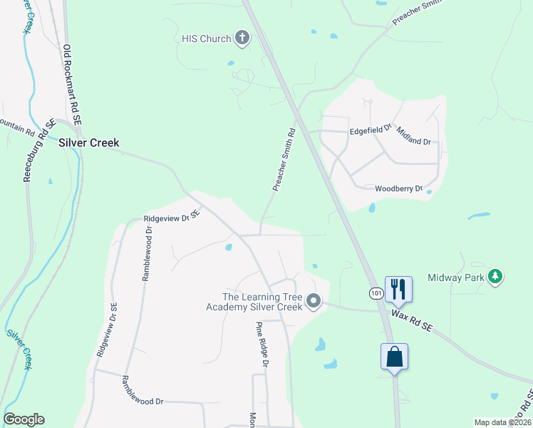 map of restaurants, bars, coffee shops, grocery stores, and more near 84 Preacher Smith Road in Silver Creek