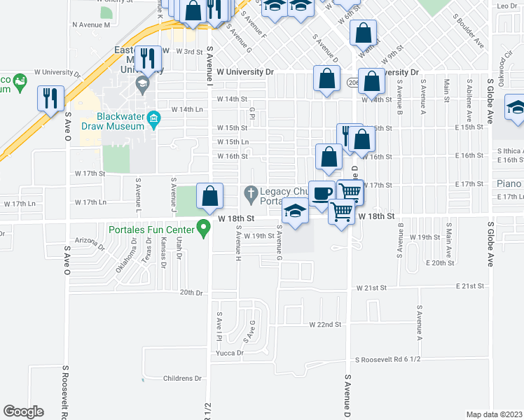 map of restaurants, bars, coffee shops, grocery stores, and more near 720 West 18th Street in Portales