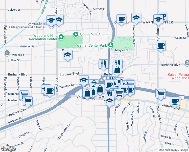 map of restaurants, bars, coffee shops, grocery stores, and more near 22100 Burbank Boulevard in Los Angeles
