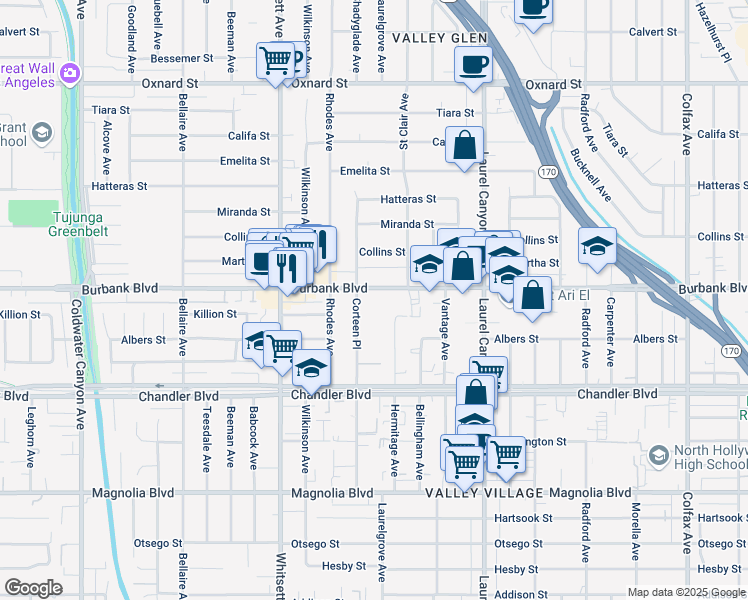map of restaurants, bars, coffee shops, grocery stores, and more near 12310 Burbank Boulevard in Los Angeles