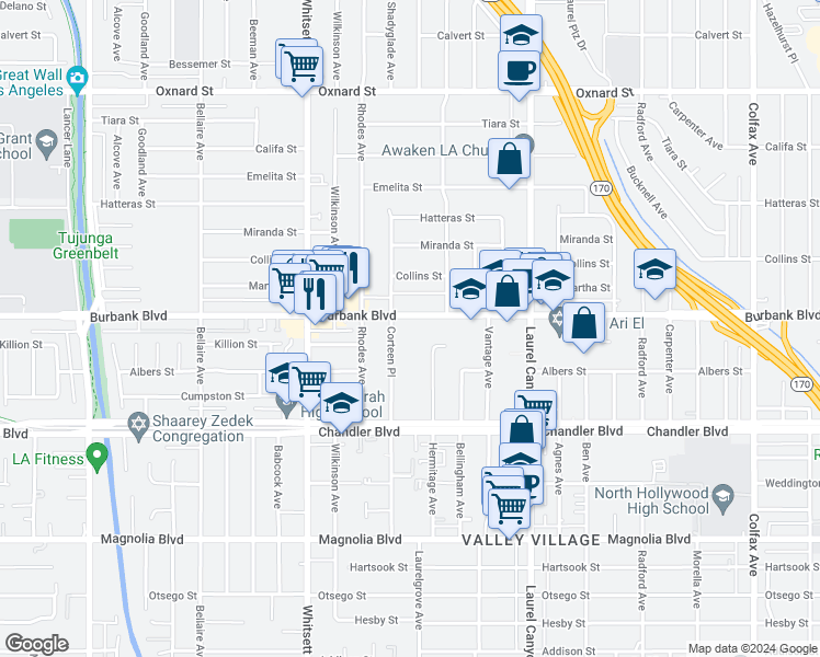 map of restaurants, bars, coffee shops, grocery stores, and more near 12310 Burbank Boulevard in Los Angeles