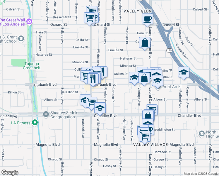 map of restaurants, bars, coffee shops, grocery stores, and more near 12352 Burbank Boulevard in Los Angeles