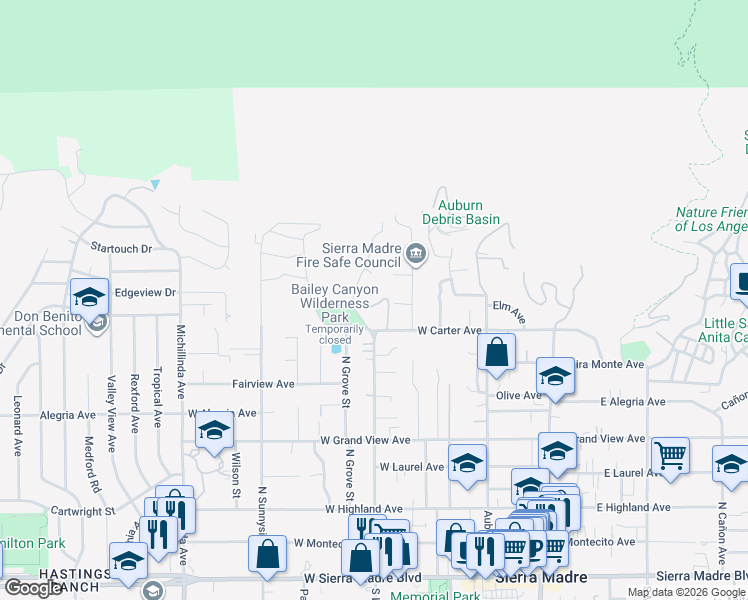 map of restaurants, bars, coffee shops, grocery stores, and more near 660 Chaparral Road in Sierra Madre