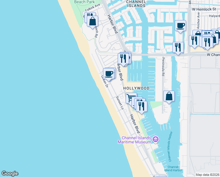 map of restaurants, bars, coffee shops, grocery stores, and more near 3944 Ocean Drive in Oxnard