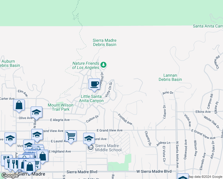 map of restaurants, bars, coffee shops, grocery stores, and more near 561 Alta Vista Drive in Sierra Madre