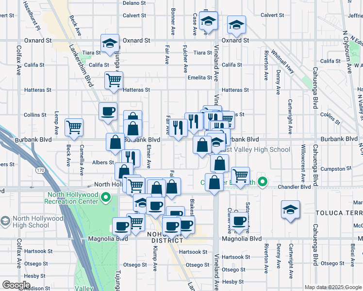 map of restaurants, bars, coffee shops, grocery stores, and more near 11124 Burbank Boulevard in Los Angeles