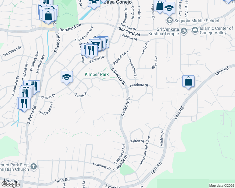 map of restaurants, bars, coffee shops, grocery stores, and more near 3231 Heatherfield Court in Thousand Oaks