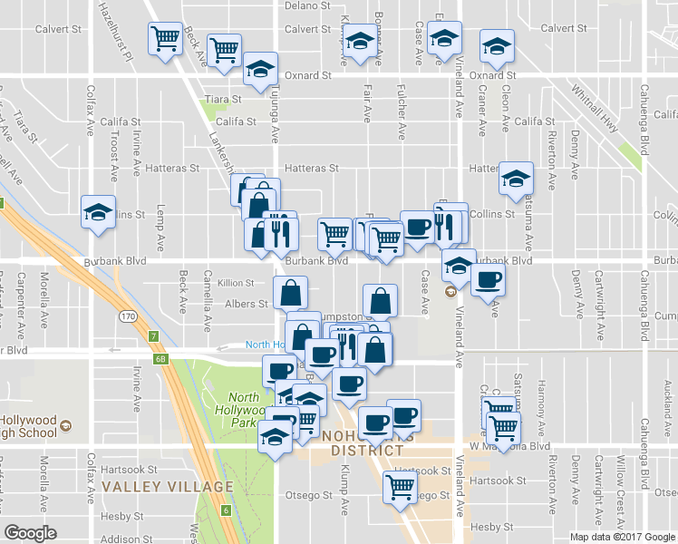 map of restaurants, bars, coffee shops, grocery stores, and more near 5562 Elmer Ave in North Hollywood