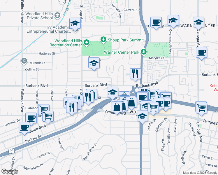 map of restaurants, bars, coffee shops, grocery stores, and more near 22205 Ryan Ridge Way in Los Angeles