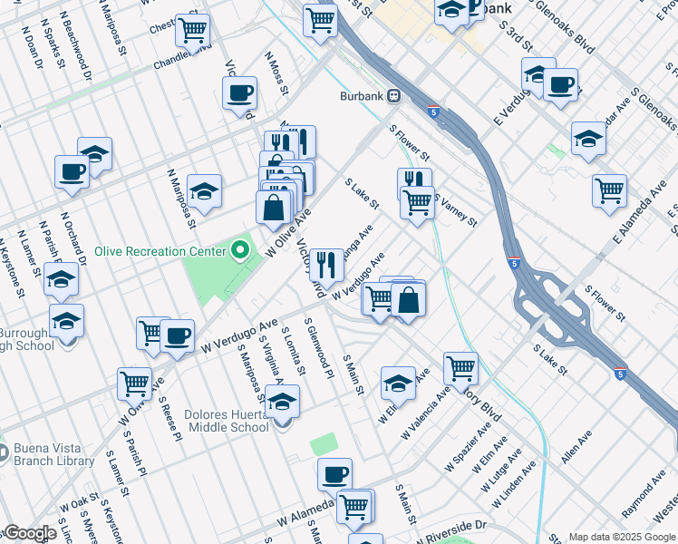 map of restaurants, bars, coffee shops, grocery stores, and more near 280 West Tujunga Avenue in Burbank