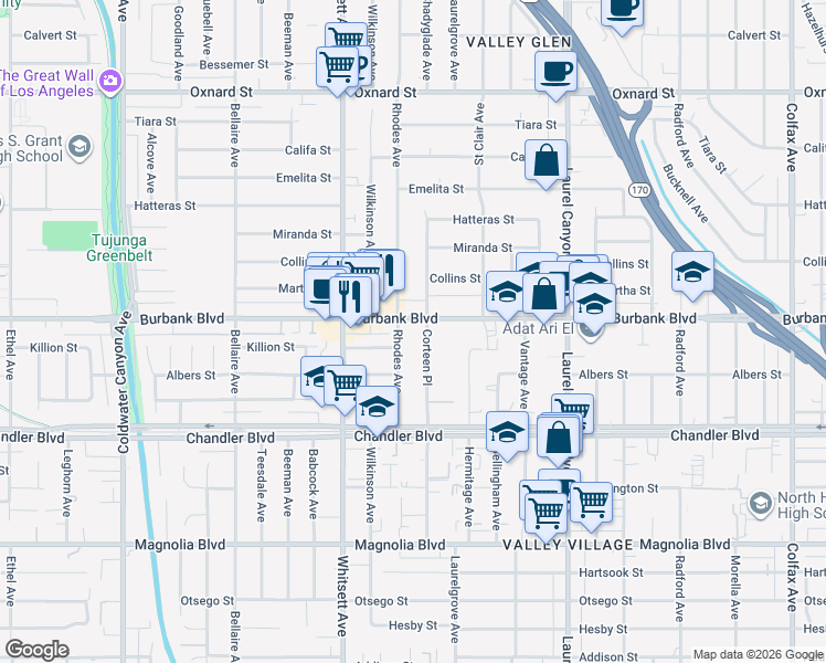 map of restaurants, bars, coffee shops, grocery stores, and more near 12352 Burbank Boulevard in Los Angeles