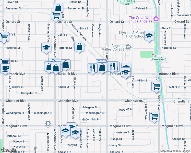 map of restaurants, bars, coffee shops, grocery stores, and more near 13360 Burbank Boulevard in Los Angeles