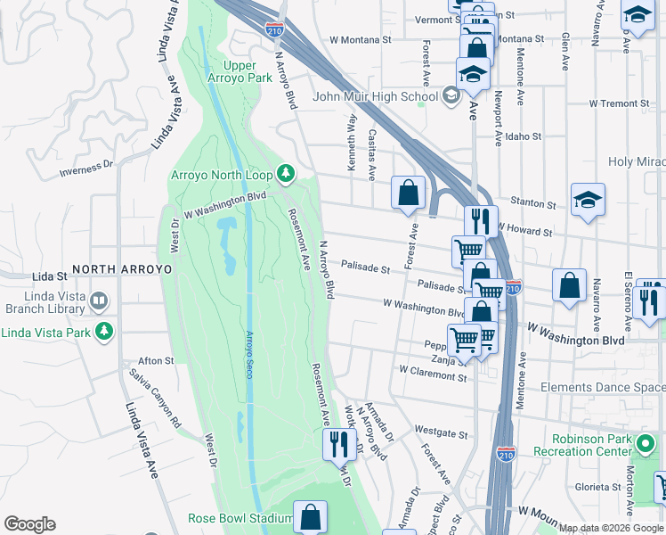 map of restaurants, bars, coffee shops, grocery stores, and more near 1436 North Arroyo Boulevard in Pasadena