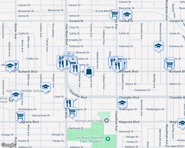 map of restaurants, bars, coffee shops, grocery stores, and more near 5536 Tyrone Avenue in Los Angeles