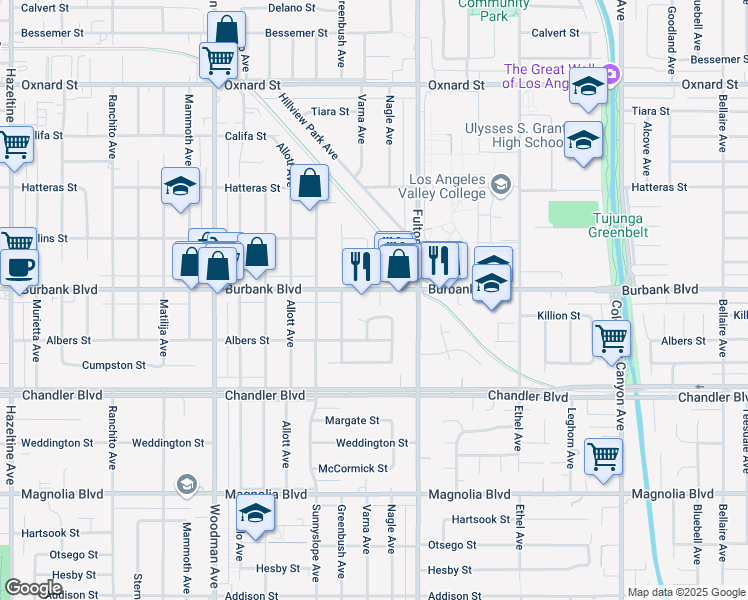 map of restaurants, bars, coffee shops, grocery stores, and more near 13360 Burbank Boulevard in Los Angeles