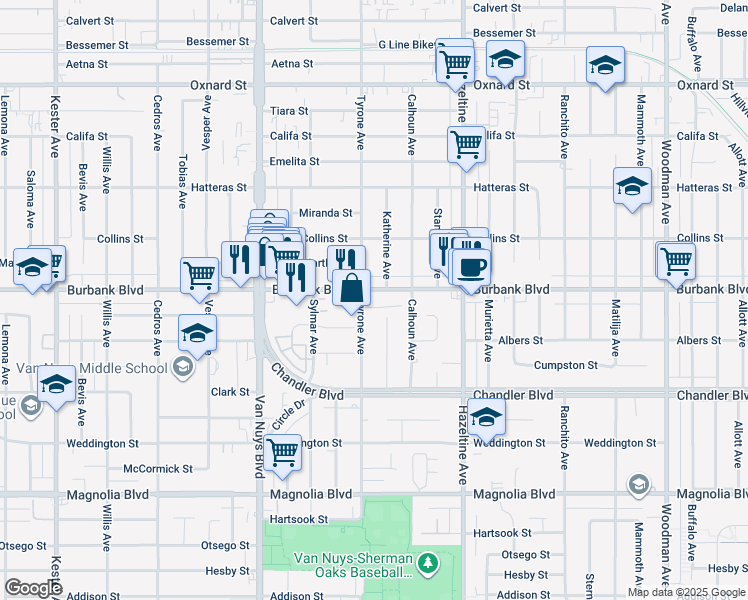 map of restaurants, bars, coffee shops, grocery stores, and more near 14242 Burbank Boulevard in Los Angeles