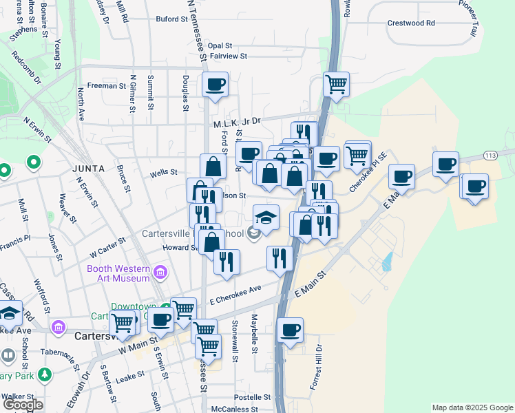 map of restaurants, bars, coffee shops, grocery stores, and more near 241 Nelson Street in Cartersville