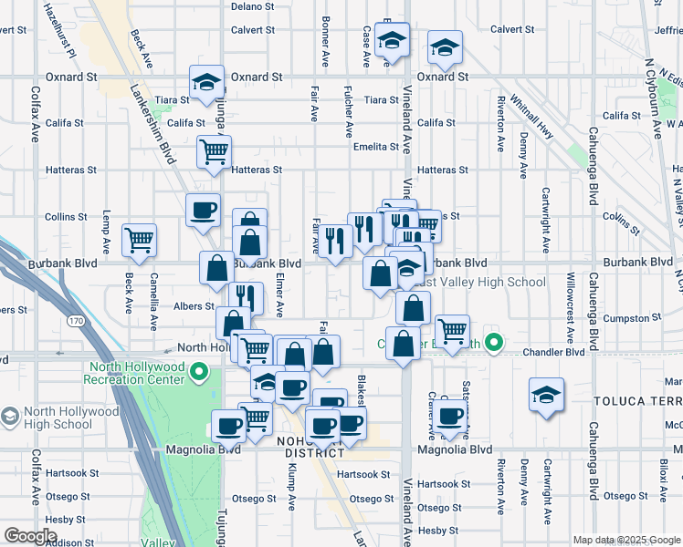 map of restaurants, bars, coffee shops, grocery stores, and more near 11124 Burbank Boulevard in Los Angeles