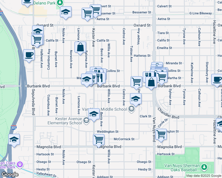 map of restaurants, bars, coffee shops, grocery stores, and more near 14748 Burbank Boulevard in Los Angeles