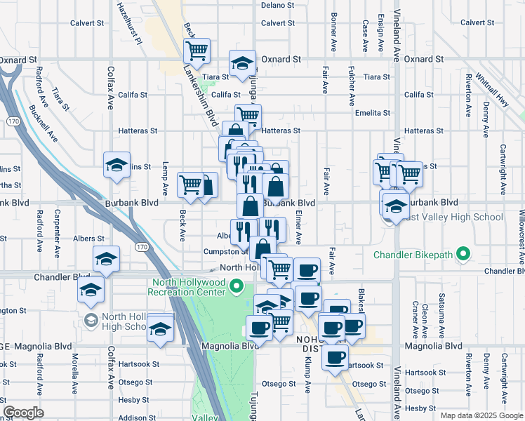 map of restaurants, bars, coffee shops, grocery stores, and more near 5550 Lankershim Boulevard in Los Angeles