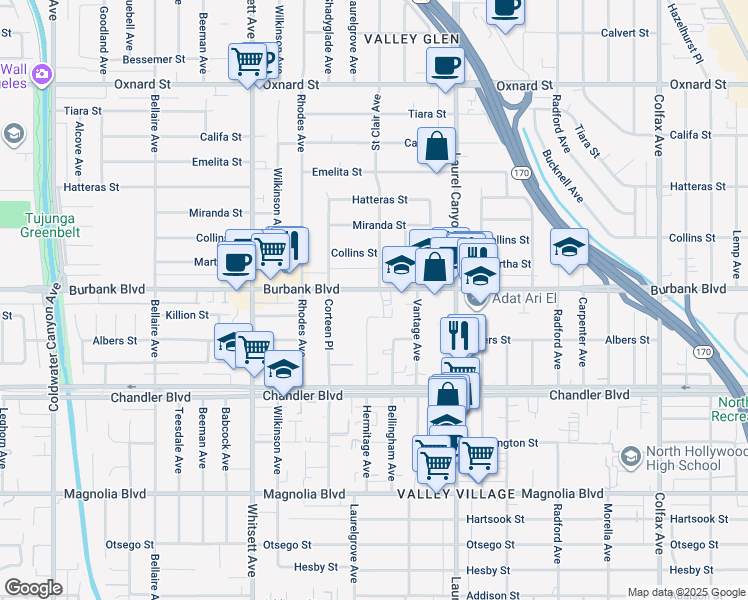 map of restaurants, bars, coffee shops, grocery stores, and more near 12244 Burbank Boulevard in Valley Village