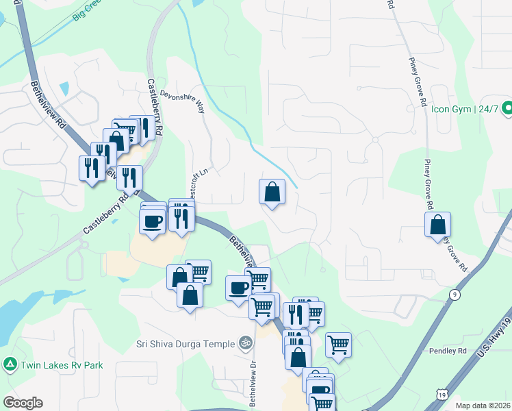 map of restaurants, bars, coffee shops, grocery stores, and more near 6395 Whirlaway Drive in Cumming