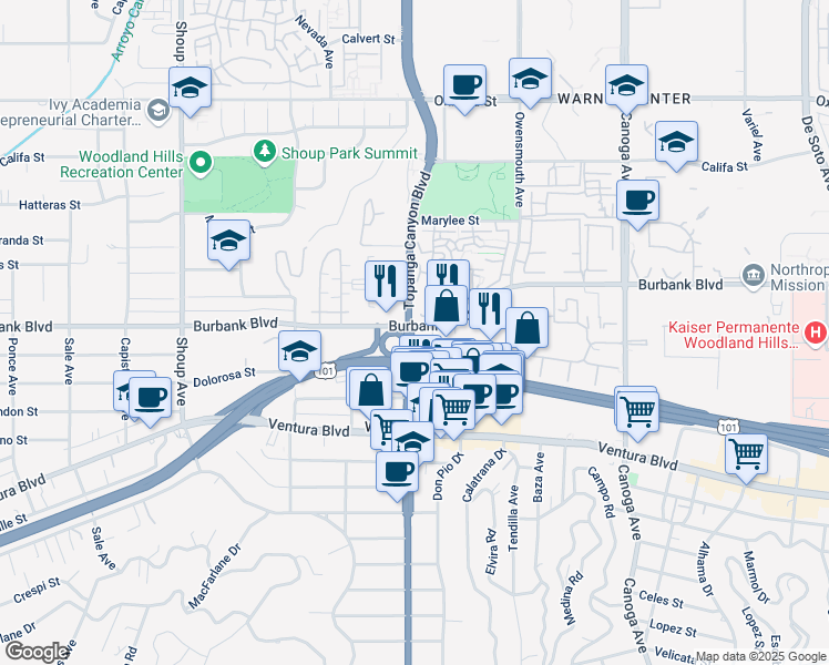 map of restaurants, bars, coffee shops, grocery stores, and more near 5550 Topanga Canyon Boulevard in Los Angeles