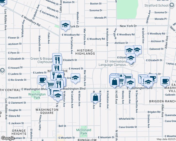 map of restaurants, bars, coffee shops, grocery stores, and more near 1156 East Howard Street in Pasadena