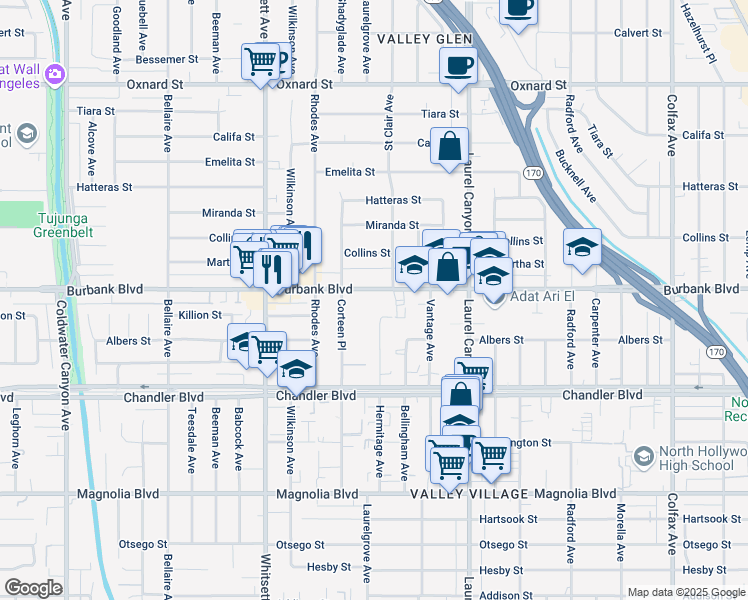 map of restaurants, bars, coffee shops, grocery stores, and more near 12304 Burbank Boulevard in Los Angeles