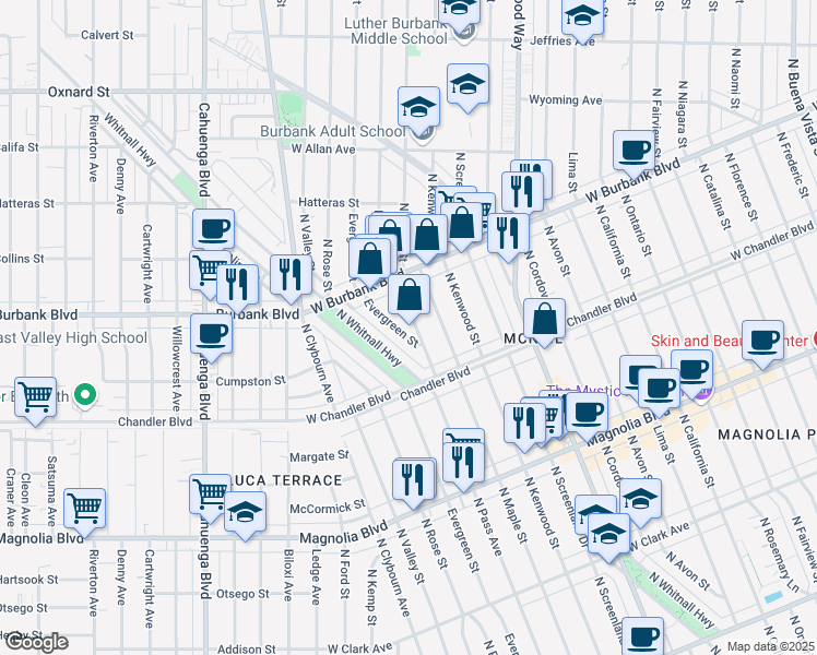 map of restaurants, bars, coffee shops, grocery stores, and more near 1305 North Pass Avenue in Burbank