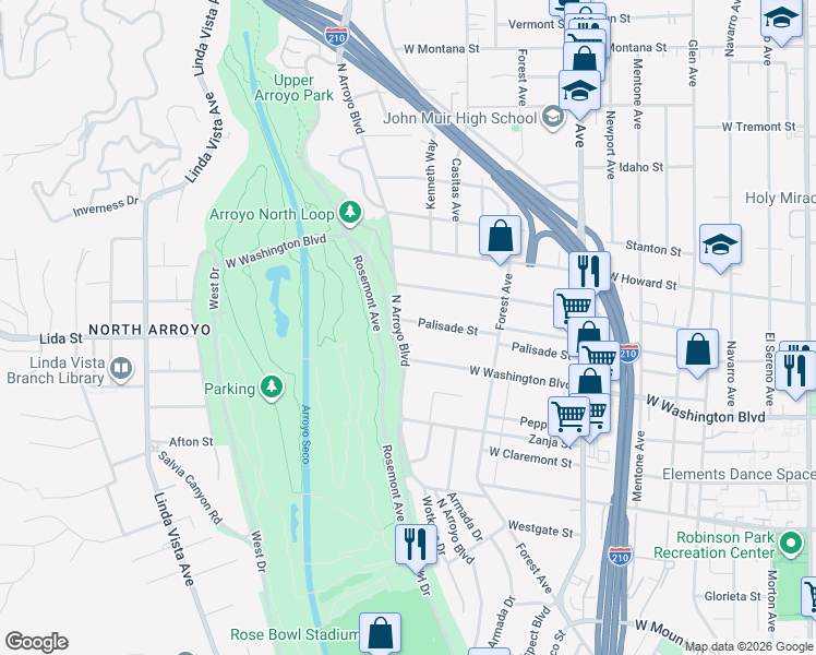 map of restaurants, bars, coffee shops, grocery stores, and more near 1436 North Arroyo Boulevard in Pasadena