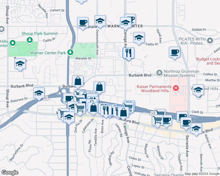 map of restaurants, bars, coffee shops, grocery stores, and more near 5565 Canoga Avenue in Los Angeles